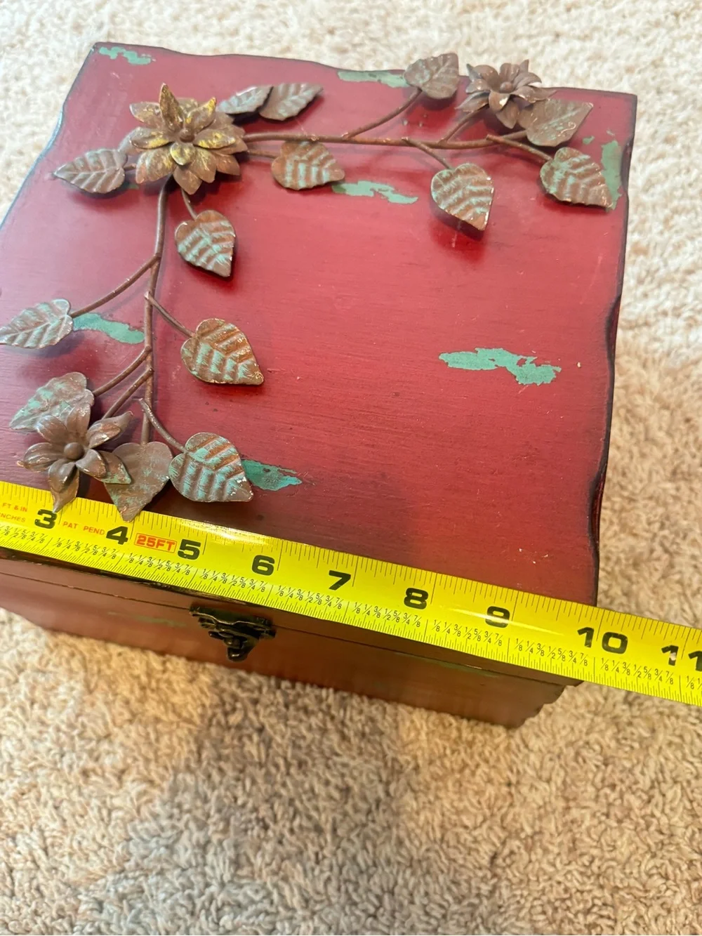 Vintage-Style Red Decorative Jewelry Box with Floral Metal Accent